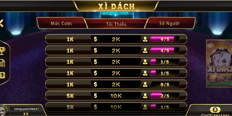 Xì dách có đa dạng mức cược cho người chơi lựa chọn